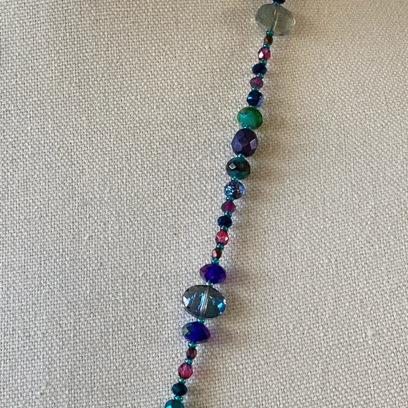 Boho Recycled Sari Silk Tassel Necklace w Czech Pressed Glass in Blues & Pinks - Picture 6 of 9